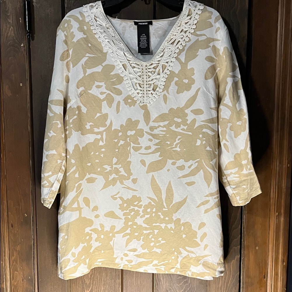 Premise Cream and Tan Floral Tunic with Lace Neckline